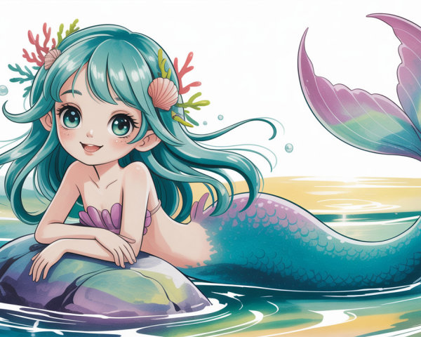 Colorful Cartoon Watercolor Mermaid in Ocean Scene