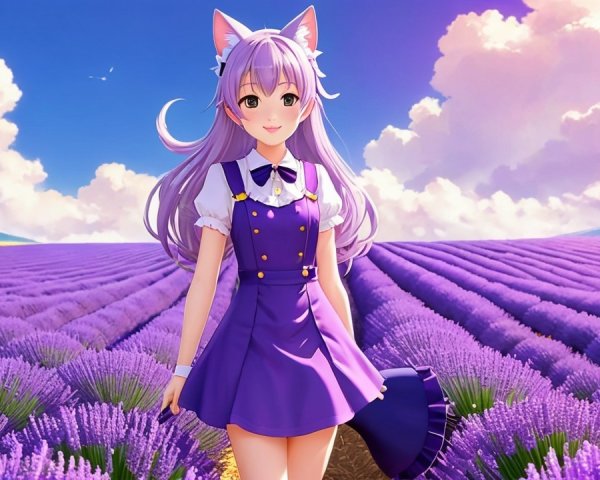 Cheerful anime character in a lavender field scene
