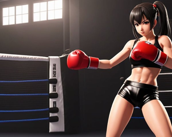 Athletic Female Boxer in Ring with Red Gloves
