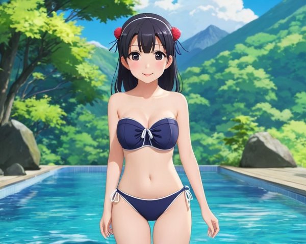 Young Woman by Pool in Lush Summer Landscape