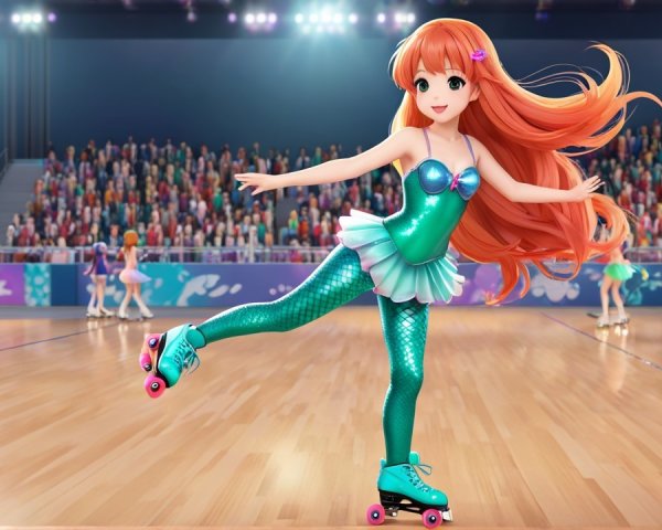 Cartoon Girl Skating in Teal Outfit at Roller Rink