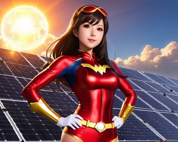 Superheroine in Red Costume with Solar Panels Background