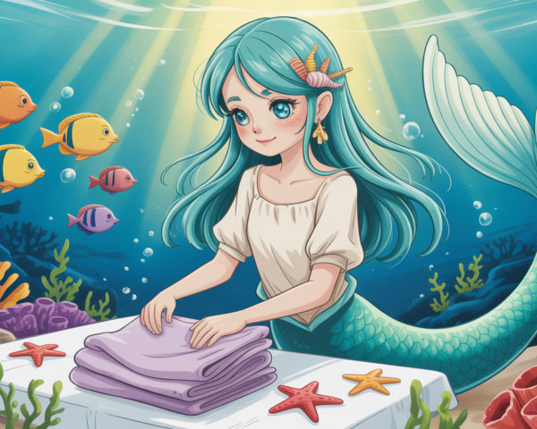 Anime Mermaid with Blue Hair Organizing Towels Underwater
