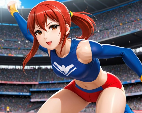 Female Athlete in Energetic Pose at Stadium Event