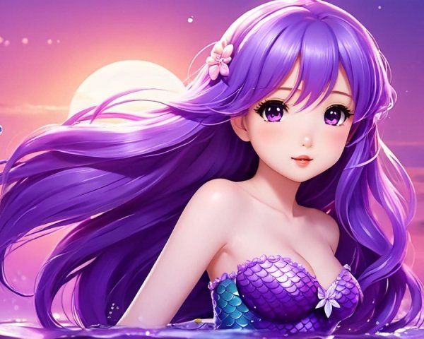 Vibrant Mermaid with Purple Tail and Sunset Background