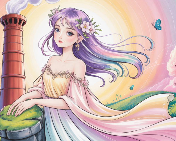 Whimsical Watercolor of Anime Woman in Fantasy Landscape