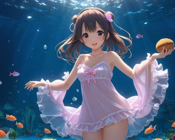 Cheerful girl underwater in pink dress with fish