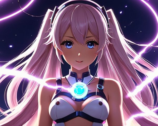 Futuristic character with pink hair in starry night scene