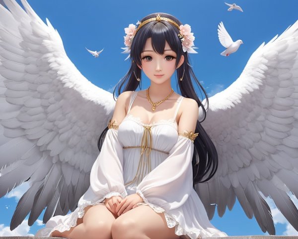 Serene figure with wings and floral crown in blue sky