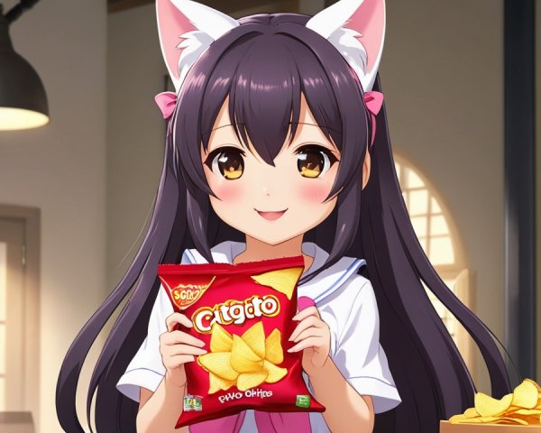 Cheerful anime girl in school uniform with snacks