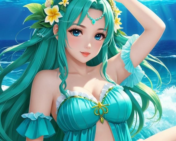 Young woman with teal hair by a serene ocean
