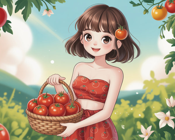 Cheerful Girl with Tomatoes in Lush Garden Setting