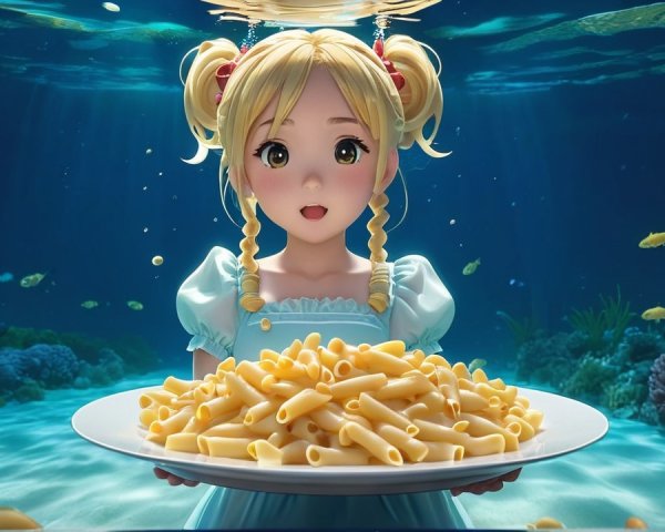 Underwater Scene with Girl and Plate of Pasta