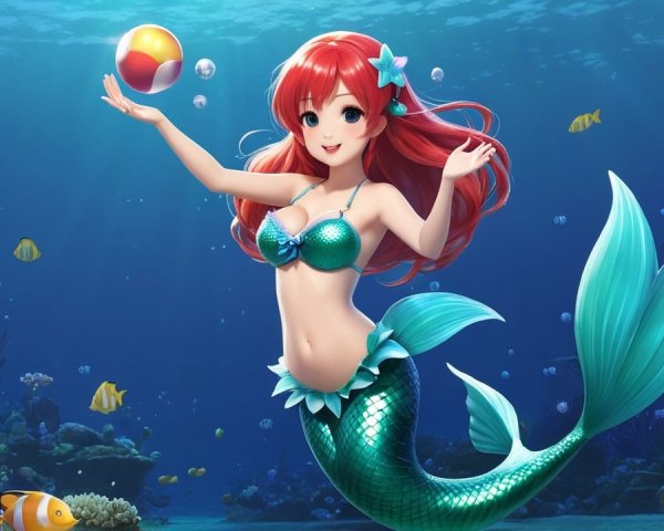 Whimsical Underwater Scene with Cheerful Mermaid