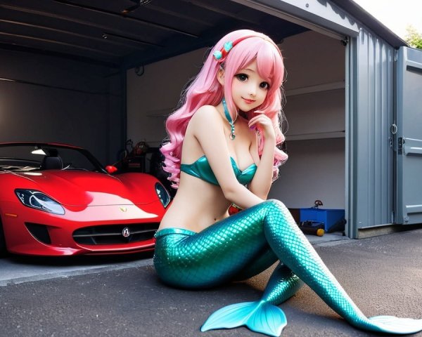 Mermaid with Teal Tail in Luxury Garage Setting