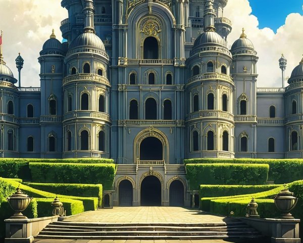 Ornate palace with towers and lush greenery details