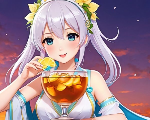 Cheerful anime girl with iced tea at sunset