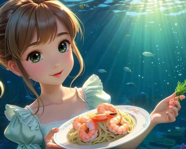 Anime-style girl with shrimp spaghetti in underwater scene