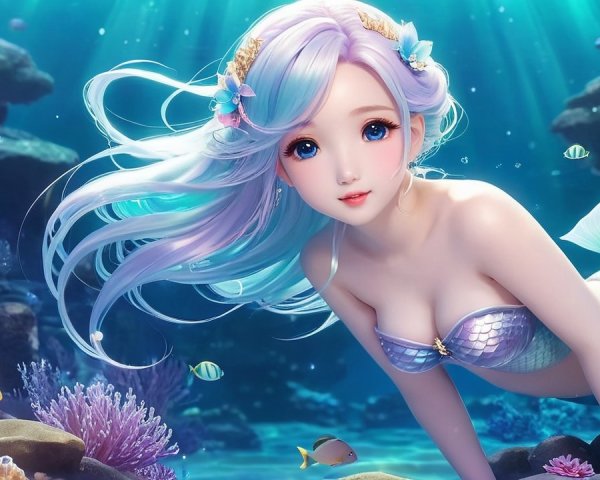 Whimsical Underwater Scene with Mermaid and Coral Reefs