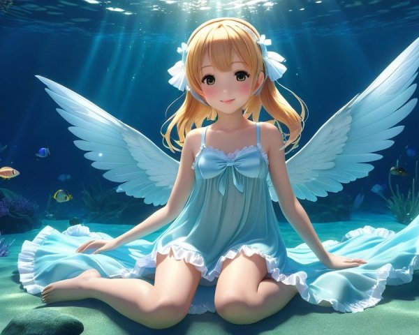 Underwater Scene of a Girl with Angelic Wings