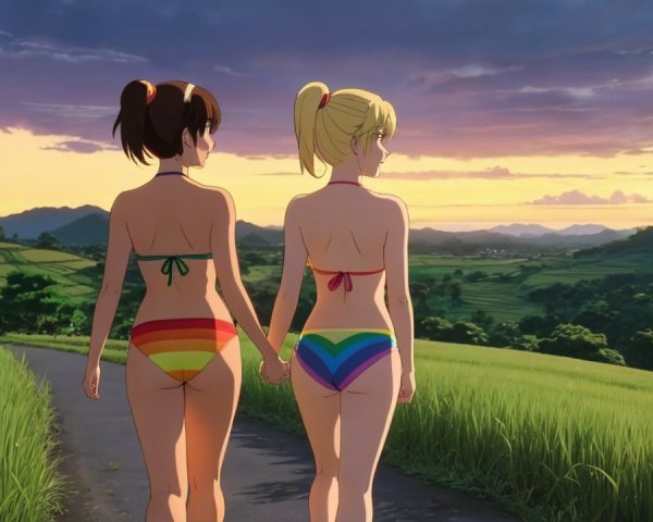 Girls in Bikinis Walking Through Lush Green Fields