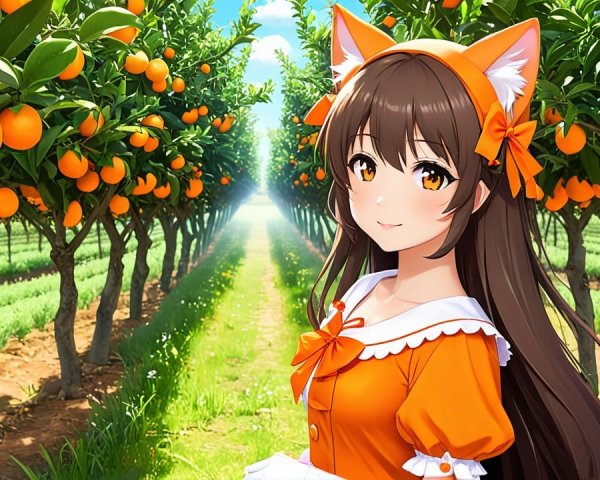Cheerful Girl in Orange Orchard Under Blue Sky