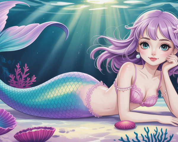 Purple-Haired Mermaid in Underwater Scene Illustration
