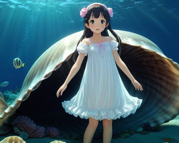 Underwater Scene with a Girl and Marine Life