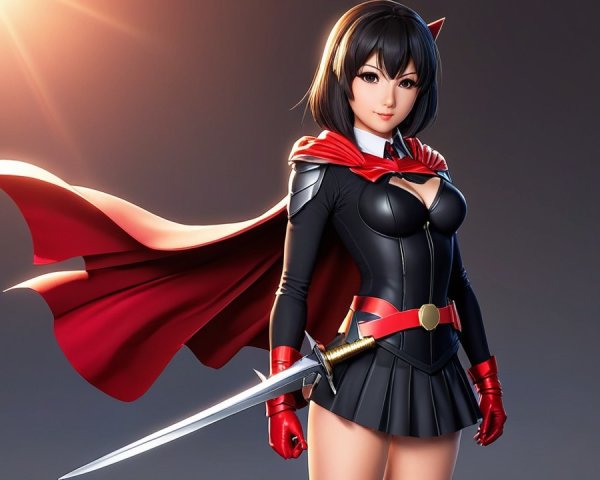 Confident Female Character in Black Outfit and Red Cape