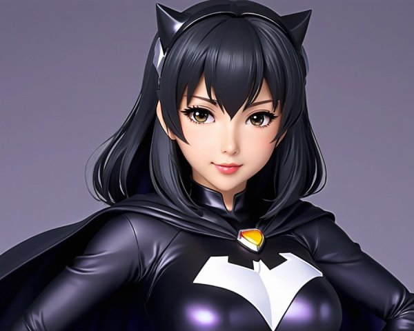 Stylized Female Character in Black Costume with Cape