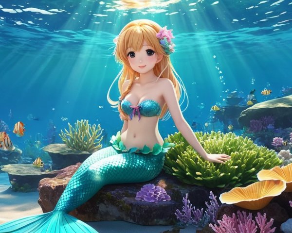 Vibrant Underwater Scene with Anime Mermaid and Fish