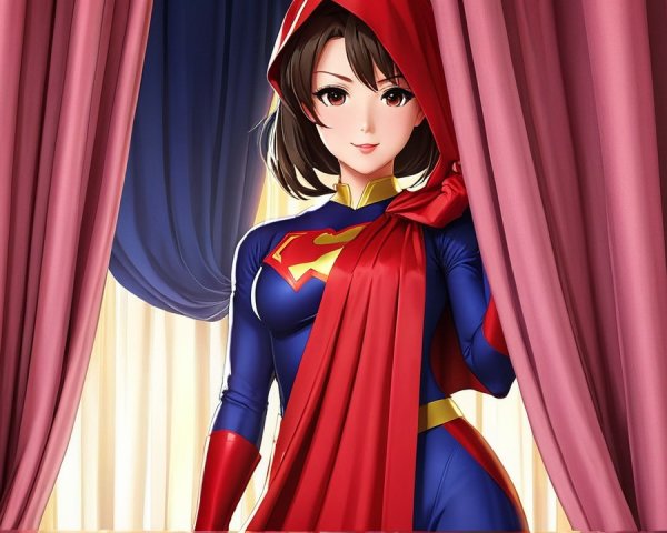 Confident Young Woman in Superhero Costume Behind Curtain