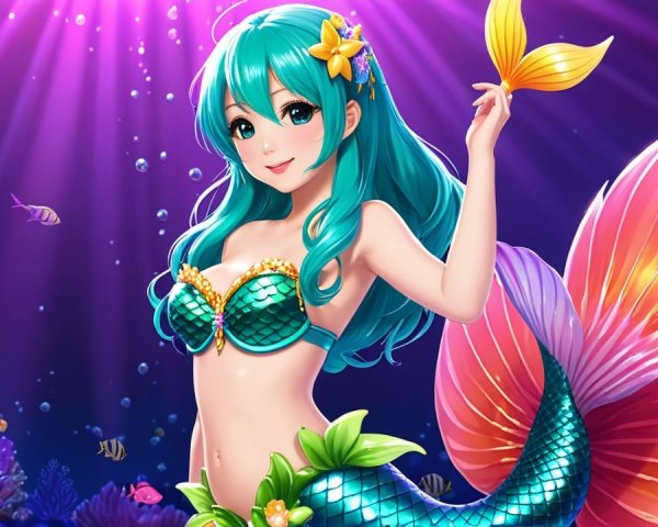Vibrant Underwater Scene with Cheerful Mermaid