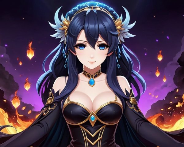 Fantasy Character in Black Dress with Crown and Flames