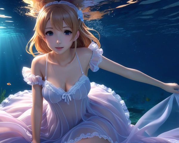 Underwater Scene with Woman in Translucent Gown