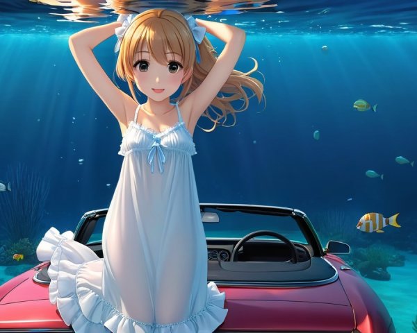 Underwater Scene with Girl in White Dress and Fish