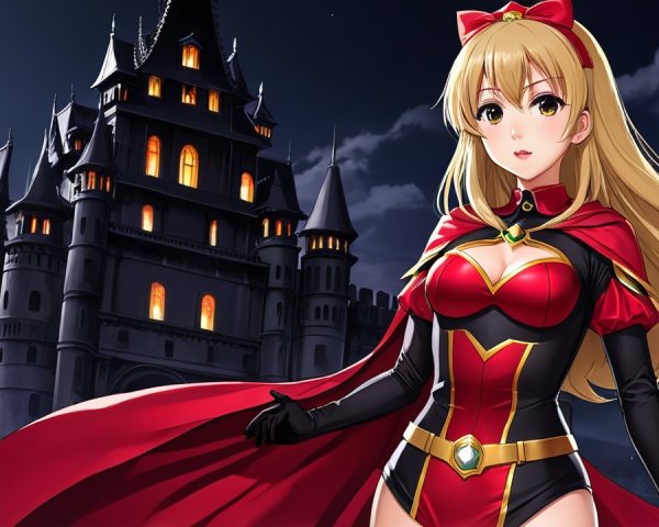 Anime Heroine in Front of Dark Castle at Night