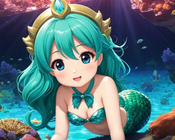 Cheerful mermaid with turquoise hair in underwater scene