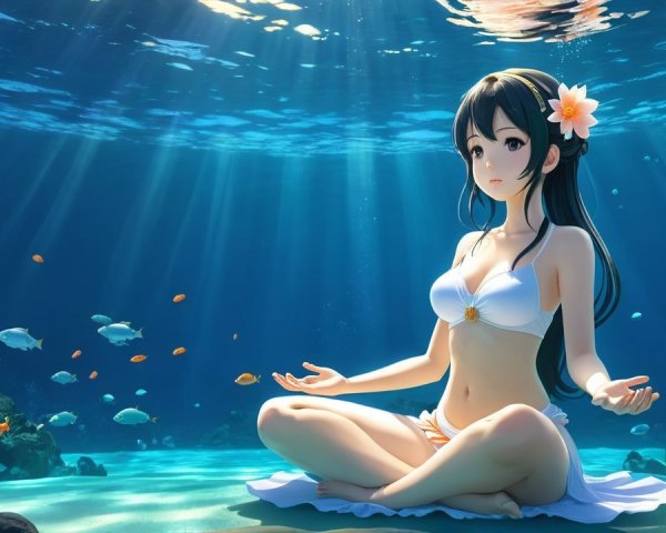 Anime girl meditating underwater with colorful fish