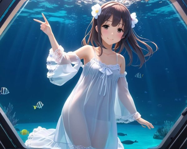 Cheerful girl in white dress submerged underwater