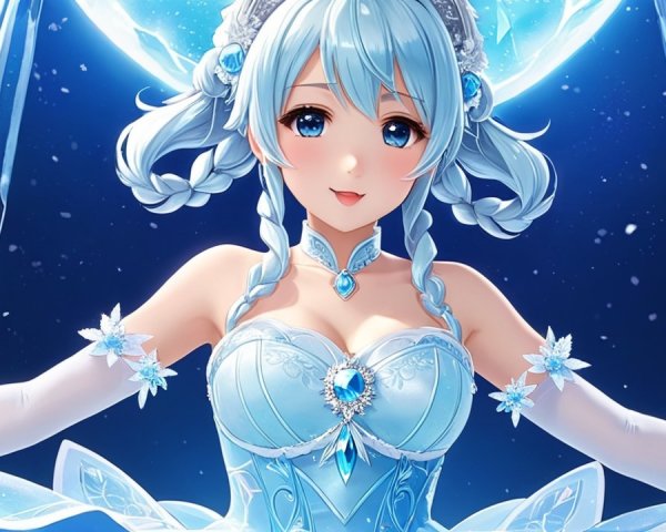 Character in Ice-Blue Gown with Snowflake Motifs