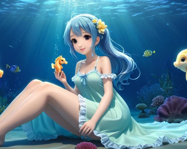 Underwater Scene with Girl, Corals, and Fish