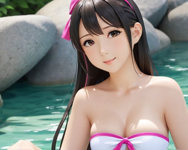Young woman in two-tone bikini by serene pool