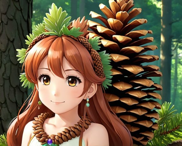 Young girl in nature-themed attire among tall trees