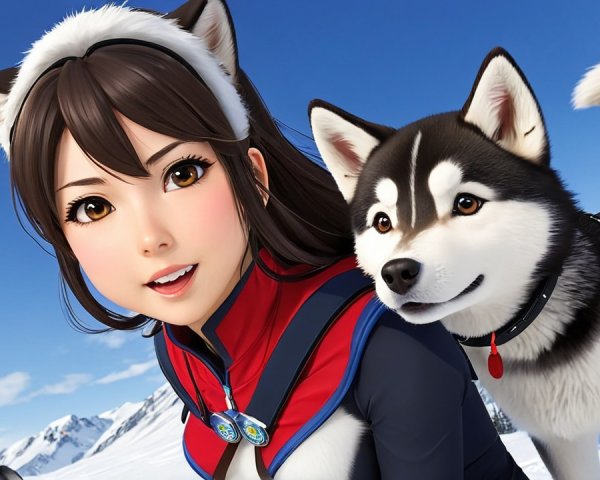 Cheerful girl and Huskies in snowy mountain landscape