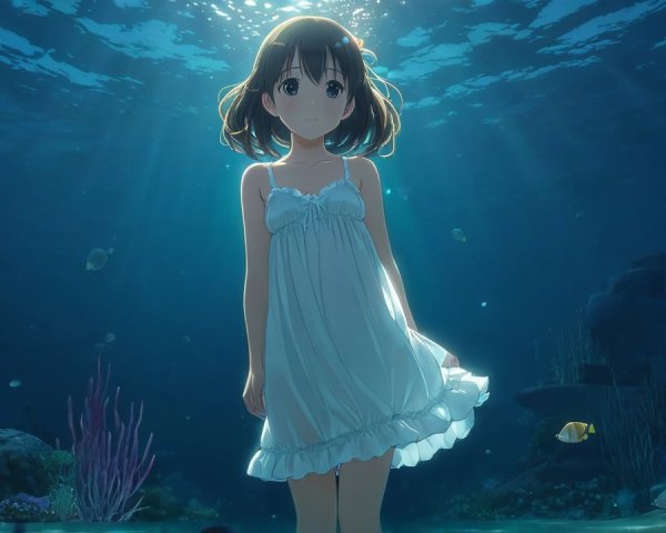 Young girl in white dress underwater with fish and coral