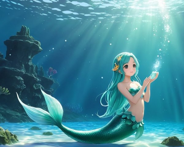 Underwater Scene with Mermaid and Glowing Orb