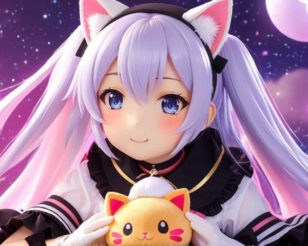 Cute anime character with lavender hair and cat ears