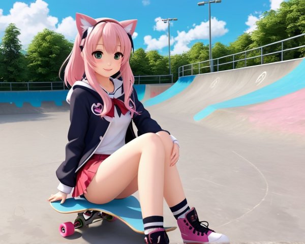Vibrant Anime Girl at Skate Park with Lush Background