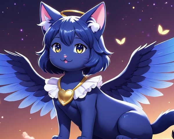 Whimsical Blue-Furred Cat with Wings in Twilight Sky